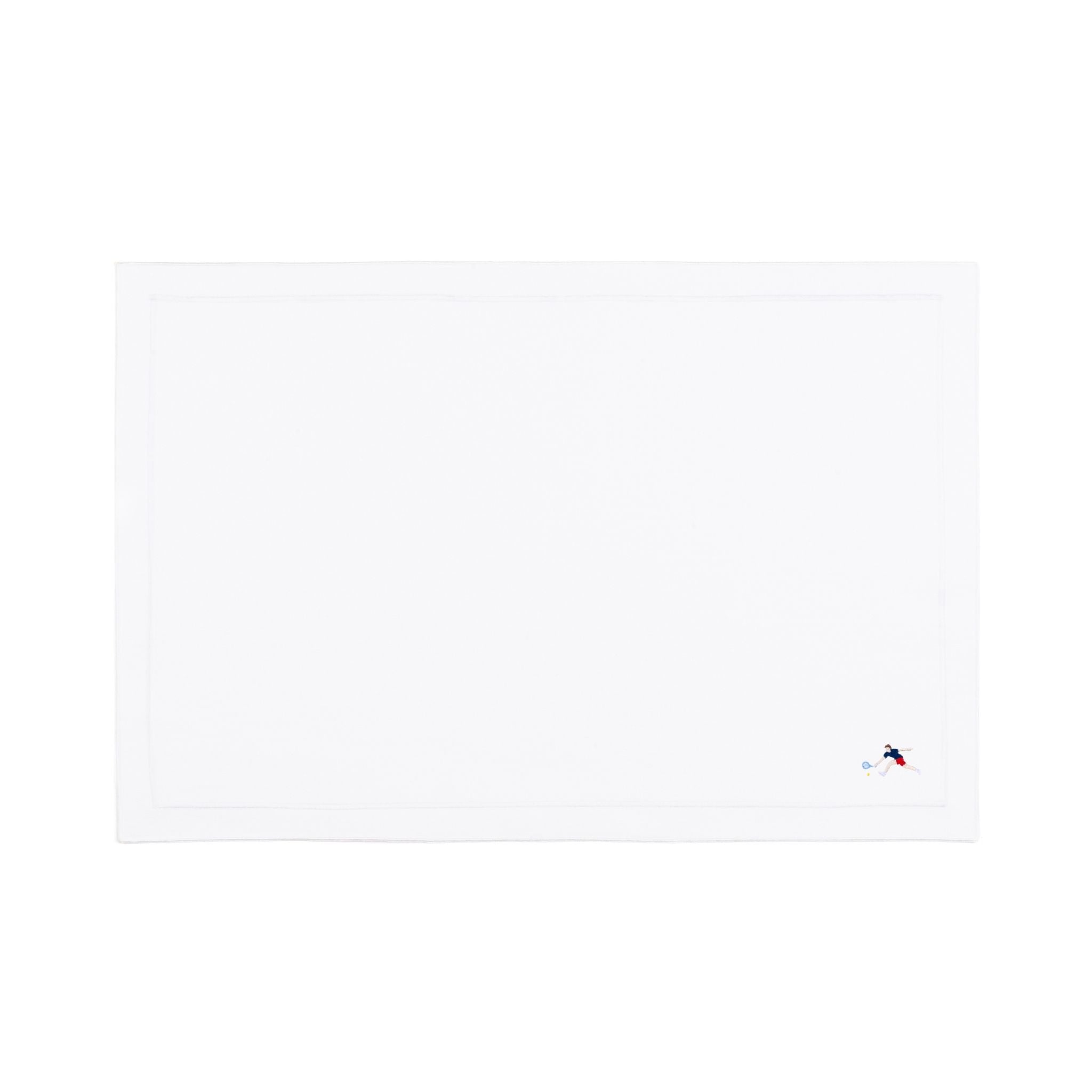 Nazaré white cotton table linen with embroidered retro sports motifs